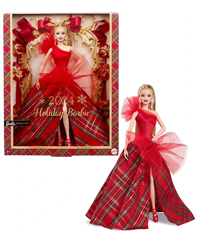 Barbie Joyeux Noël 2024 Poupée Barbie blonde emblématique portant une robe à carreaux, cadeau collector pour les fêtes, avec emballage de présentation
