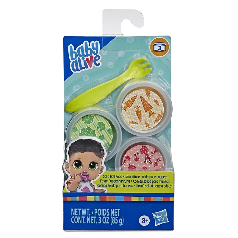 Baby Alive, nourriture solide pour poupée, inclut 3 pots de nourriture, 1 fourchette, accessoires