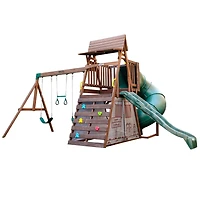 KidKraft Ensemble de balançoires/Module de jeu en bois Retraite forestière comprenant une tente, une glissoire tubulaire et trois balançoires