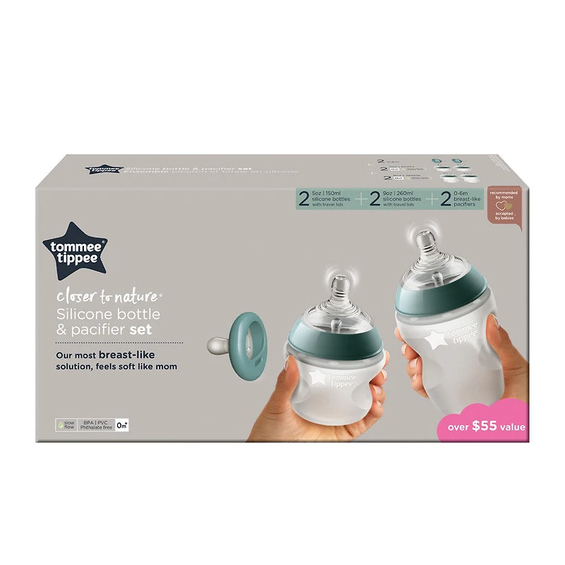 Tommee Tippee Silicone Baby Bottle and Pacifier Set | Closer to Nature Soft Feel Bottles