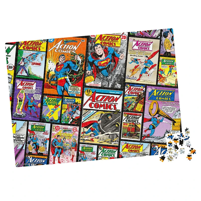 DC Comics, Action Comics, Puzzle de 1 000 pièces représentant un collage de couvertures de comics Superman rétro, avec poster