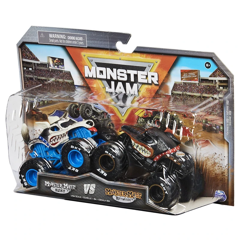 Monster Jam, Monster trucks officiels en métal moulé Monster Mutt Rottweiler Vs. Monster Mutt Husky, échelle 1:64, jouets pour garçons à partir de 3 ans