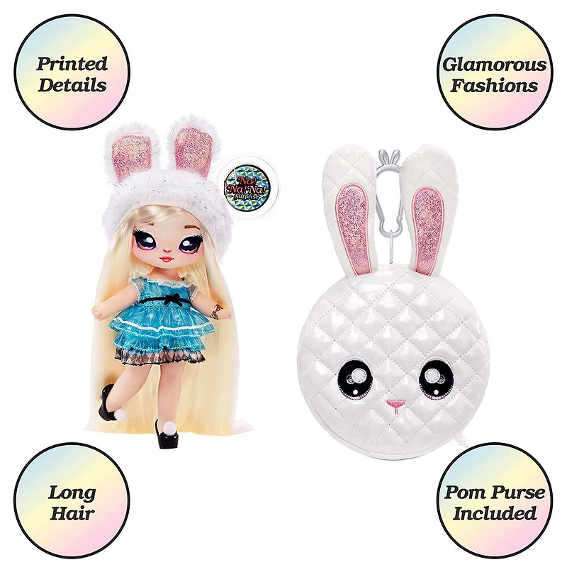 Poupée-mannequin Na Na Na Surprise 2 en 1 et sac à main métallique de la série Glam - Alice Hops, poupée blonde avec robe bleu chatoyante et oreilles de lapin avec le sac à main lapin blanc