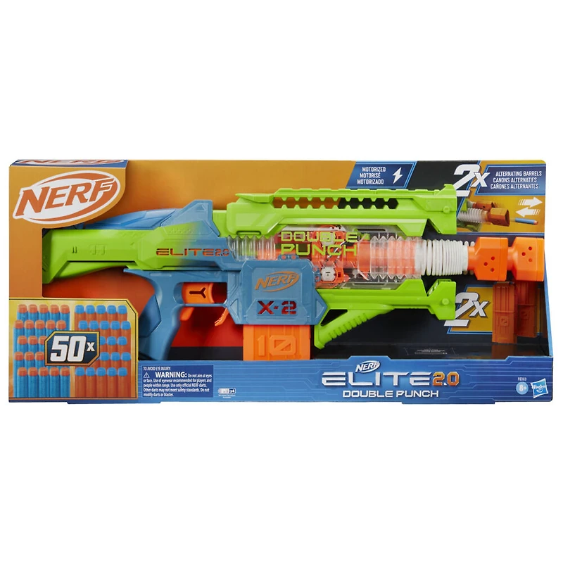 Nerf Elite 2.0, blaster Double Punch, 50 fléchettes Elite, 2 chargeurs 10 fléchettes, blaster motorisé
