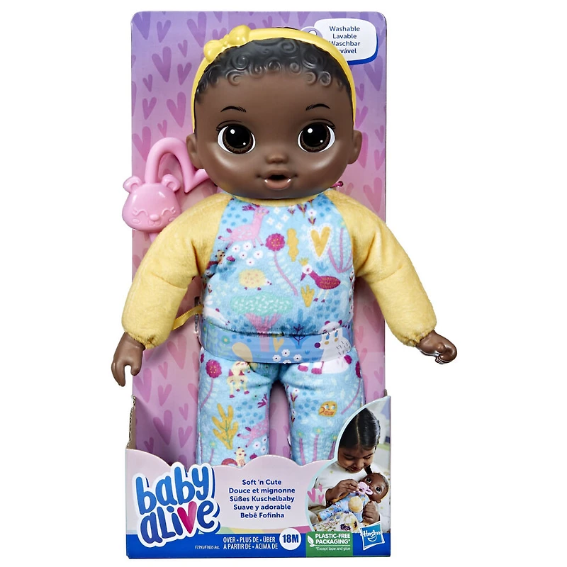 Baby Alive Soft 'n Cute, cheveux noirs, première poupée de bébé, lavable au corps souple, 28 cm