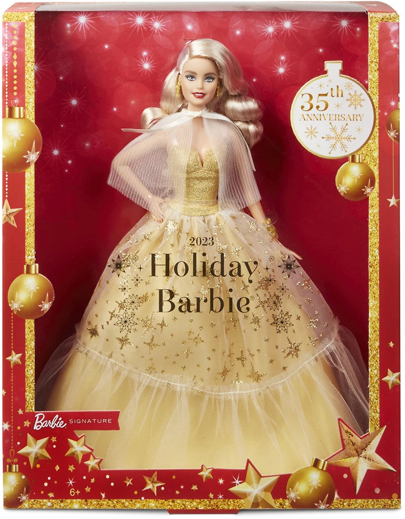 Barbie - Poupée Joyeux Noël 2023, robe dorée