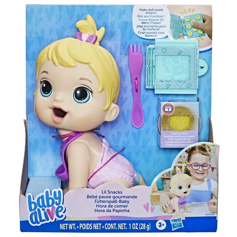 Baby Alive Lil Snacks Doll, Eats and "Poops," 8-inch Baby Doll with Snack Mold, Toy for Kids, Blonde Hair