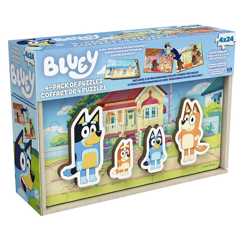 Bluey, Coffret de 4 puzzles en bois avec personnages Bingo, Maman et Papa, Coffret cadeau puzzles de 24 pièces