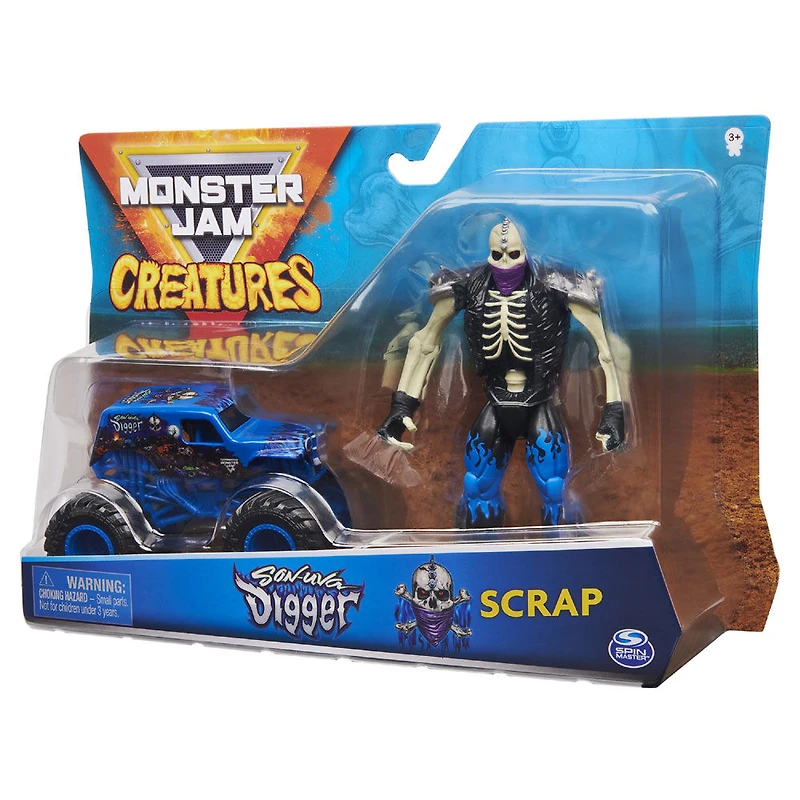 Monster Jam, Coffret Monster truck Son-uva Digger à l'échelle 1:64 officiel et figurine articulée Scrap Creatures de 12,7 cm
