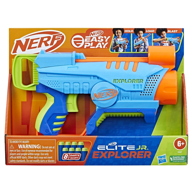 Nerf Elite Jr Explorer Easy-Play Blaster, Easy to Hold and Load and Blast, 8 Nerf Elite Darts, Toy Foam Blasters