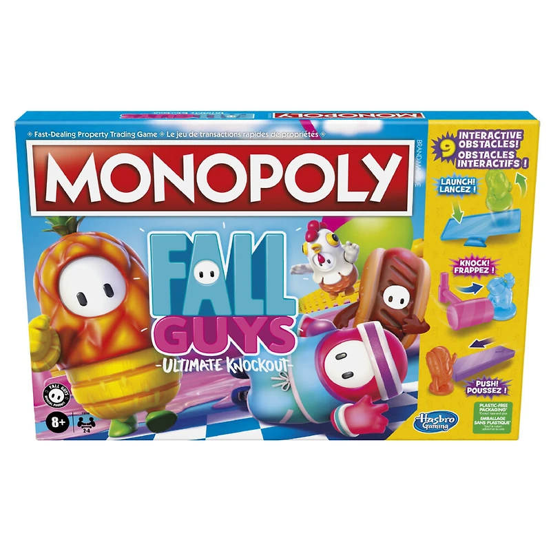 Monopoly édition Fall Guys Ultimate Knockout, jeu de plateau avec obstacles interactifs à esquiver, inclut dé de knockout, à partir de 8 ans