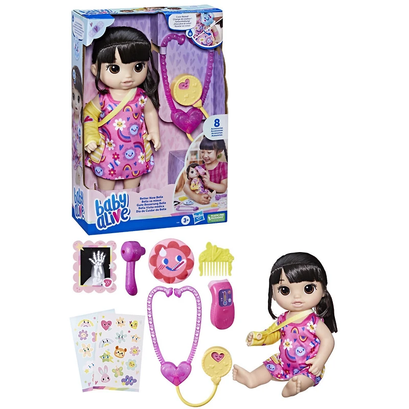 Baby Alive, Bella va mieux, coffret de poupée (cheveux bruns foncés) pour jouer au docteur
