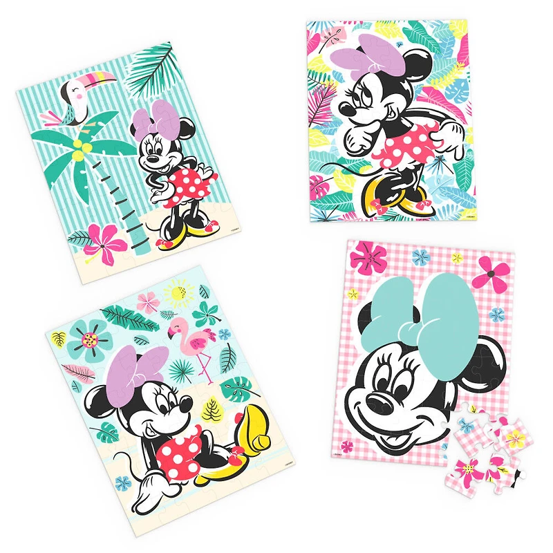 Disney, Minnie Mouse 4 Jigsaw Puzzle Bundle 48 pièces Paysage de plage tropicale avec boîte-cadeau portable en corde, pour les enfants de 4 ans et plus