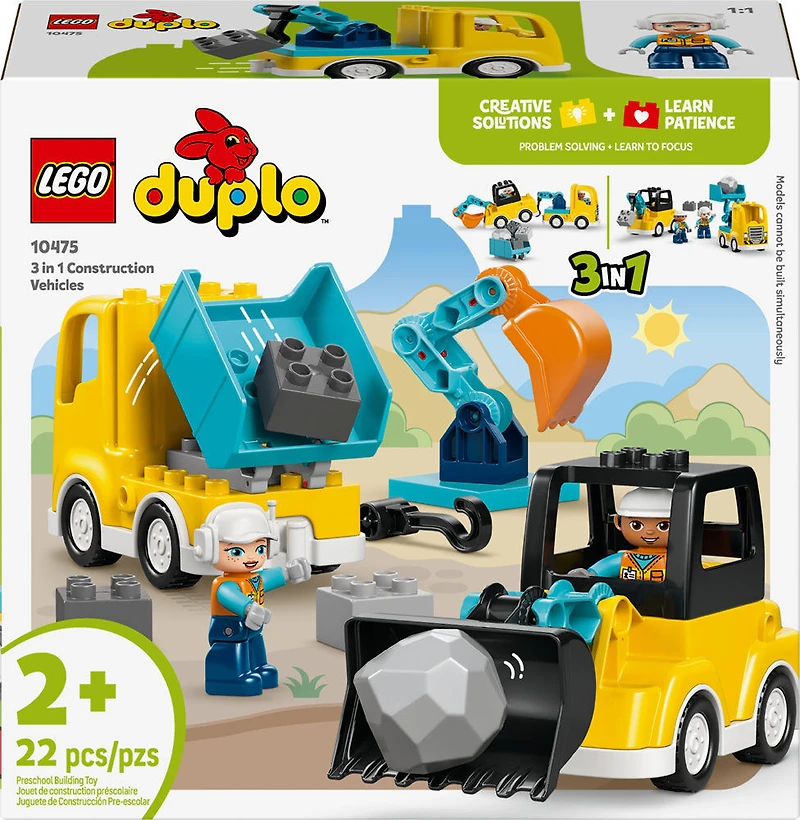 LEGO DUPLO Town 3 in 1 Construction Vehicles Toys for Toddlers, Boys, & Girls, Ages 2+ - 10475