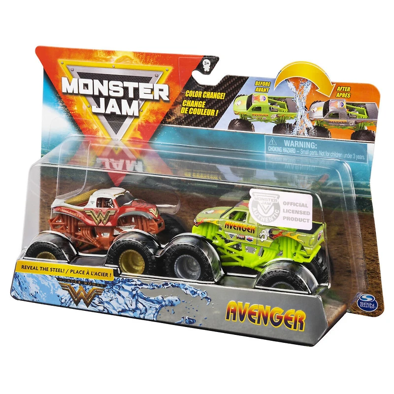 Monster Jam, Monster trucks Wonder Woman vs Avenger officiels qui changent de couleur en métal moulé, échelle 1:64