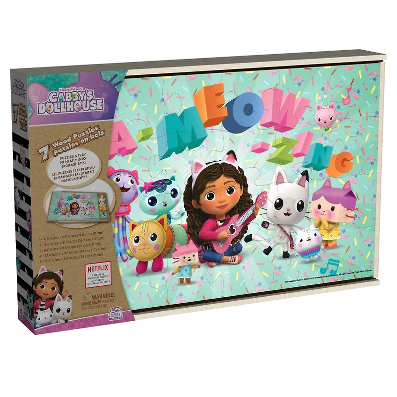 Gabby's Dollhouse, 7 Wood Puzzles Jigsaw Bundle 12-Piece 16-Piece 24-Piece Easy Cartoon Netflix Original Show with Tray