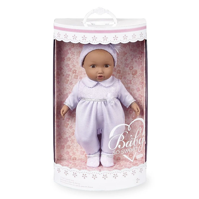 You & Me Baby So Sweet 16 inch Nursery Doll Brunette with Brown Eyes in Lilac Footie