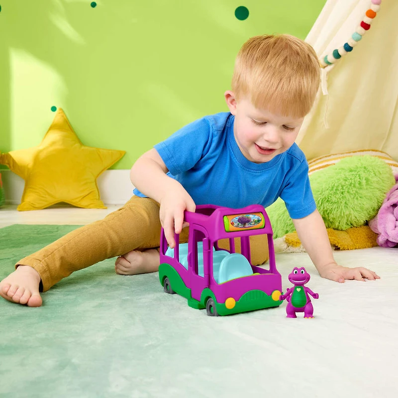 Véhicule jouet à pousser L'autobus des Aventures et figurine de Barney Le Monde de Barney de Fisher-Price,