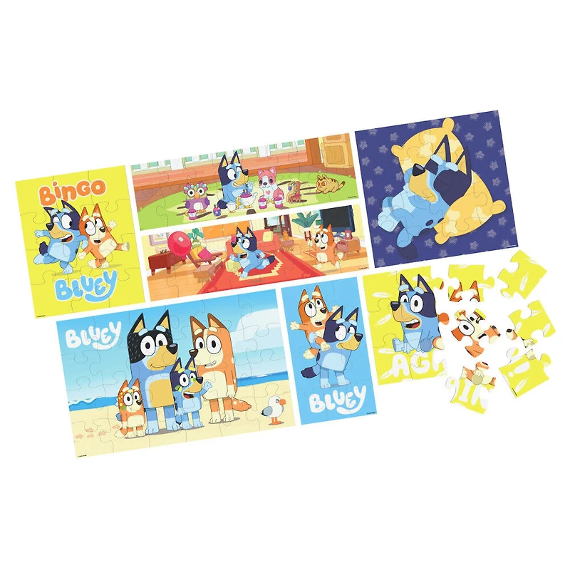 Bluey Jigsaw Puzzles for Kids, Set of 7 Wood Puzzles with Storage Box