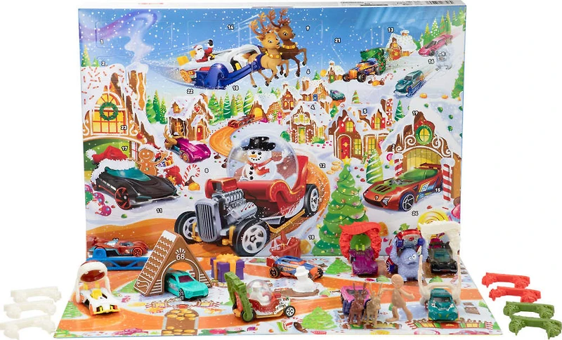 Hot Wheels 2025 Advent Calendar with 10 Toy Vehicles in 1:64 Scale & 24 Accessories