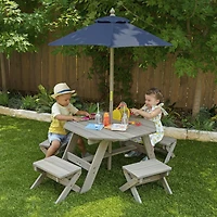 KidKraft - Ensemble de tabourets, parasol et table octogonale de bois, mobilier de jardin pour enfants, gris bois de grange et marine