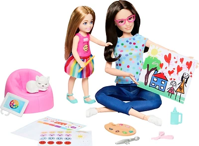 Barbie Art Therapy Playset with 2 Dolls, Pet & Accessories, Shirt on Small Doll Rotates Emoji