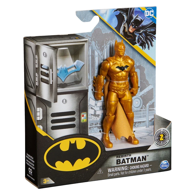DC Comics, Figurine articulée Rebirth Batman métallique avec 2 accessoires mystère, 10 cm