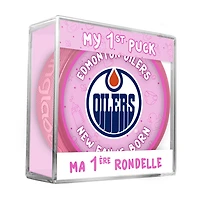 Logo du nouveau fan des Edmonton Oilers de la LNH sur une rondelle rose dans un cube