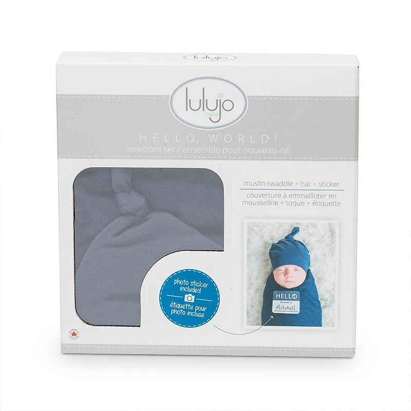 Lulujo Ensemble chapeau et couverture en bambou pour bébé nouveau-né Hello World Marine
