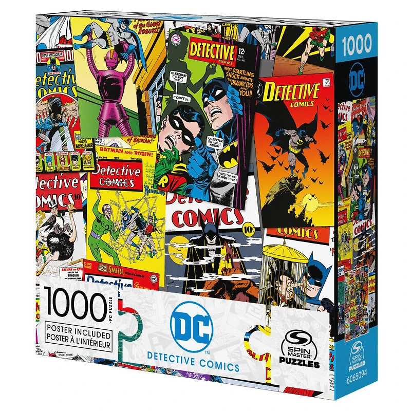 DC Comics, Detective Comics, Puzzle de 1 000 pièces représentant un collage de couvertures de comics rétro avec Batman et Le Joker, avec poster