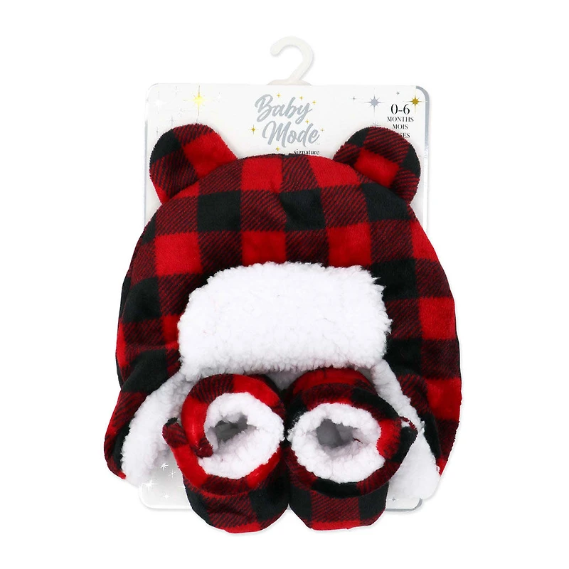 Baby Mode Signature Sherpa Hunters Cap with Matching Bootie Set: Red Buffalo Plaid