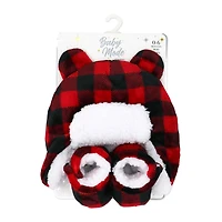 Baby Mode Signature Sherpa Hunters Cap with Matching Bootie Set: Red Buffalo Plaid