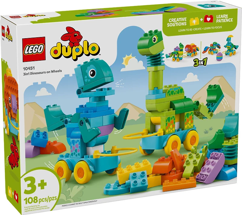 LEGO DUPLO Ma ville Les Dinosaures sur Roues 3en1, Jouet d'Apprentissage par le Jeu pour Tout-Petits avec 6 Figurines 10451