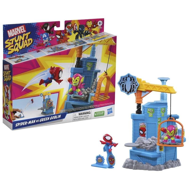 Marvel Stunt Squad Crane Smash, Spider-Man contre Green Goblin, coffret de figurines de 3,5 cm