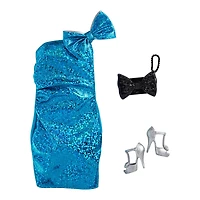 ​Coffret Tenue ​Barbie comprenant robe bleu étincelante, sac à main boucle et chaussures argentées, vêtements pour poupées