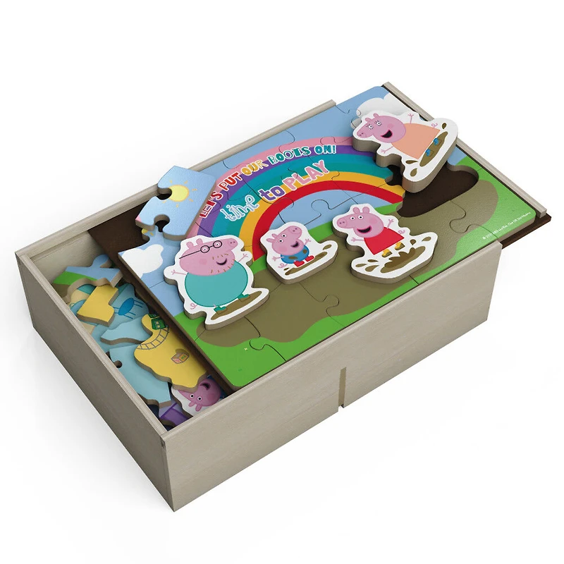 Peppa Pig, 24-Piece Jigsaw Puzzles 4-Pack Bundle with 8 Interchangeable Peppa Pig Character Pieces and Wooden Slide Box