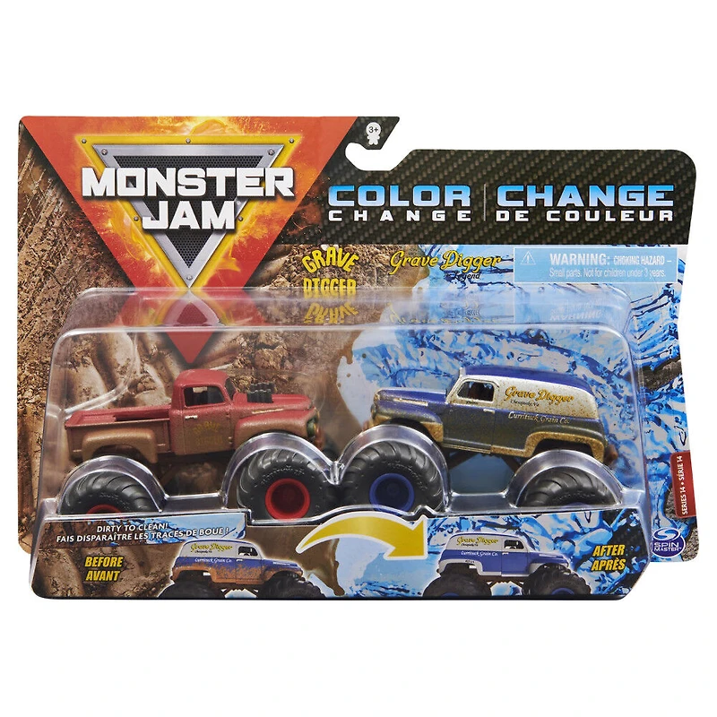 Monster Jam, Coffret de 2 monster trucks officiels en métal moulé Grave Digger vs Grave Digger The Legend qui changent de couleur, échelle 1:64