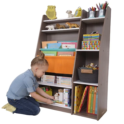 Bibliothèque en bois avec pochettes de rangement, meubles pour enfants - Gris cendré
