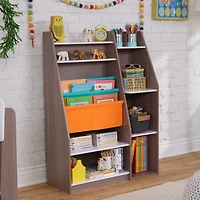 Bibliothèque en bois avec pochettes de rangement, meubles pour enfants - Gris cendré