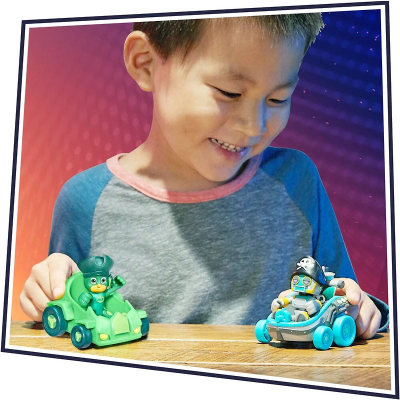 Pyjamasques, Course poursuite Gluglu contre Robot pirate, jouet préscolaire de 2 mini-véhicules et 2 figurines articulées