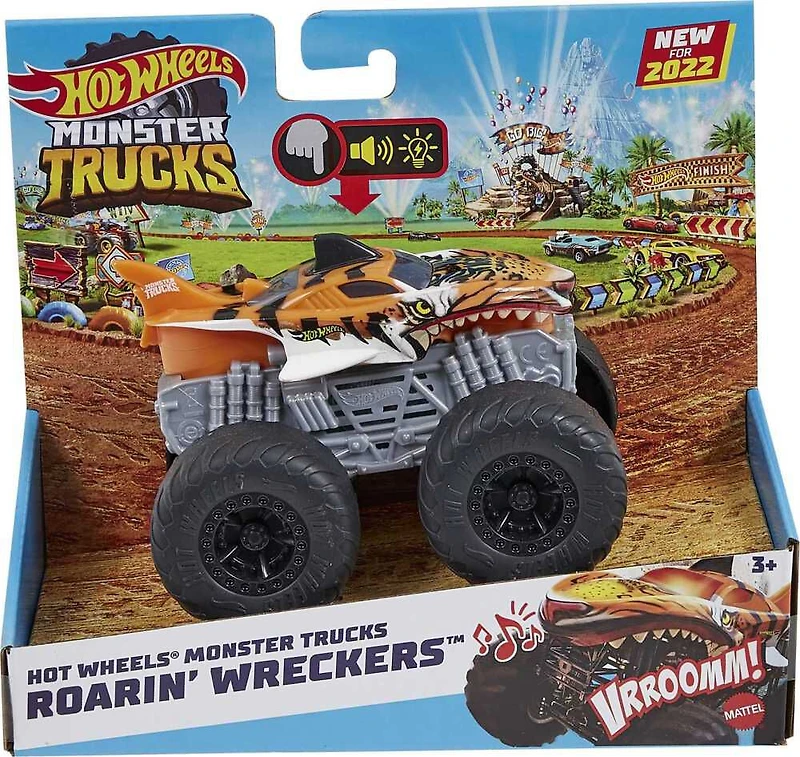 HotWheels - Monster Trucks Destruction Féroce - Véhicule Tiger Shark Sons et Lumières