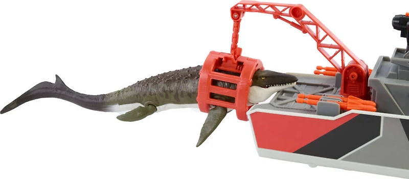 Matchbox Jurassic World Mosasaurus Rescue Action Boat Playset with Ship, Dino, Toy Car & Missiles