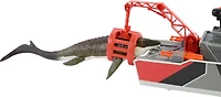 Matchbox Jurassic World Mosasaurus Rescue Action Boat Playset with Ship, Dino, Toy Car & Missiles