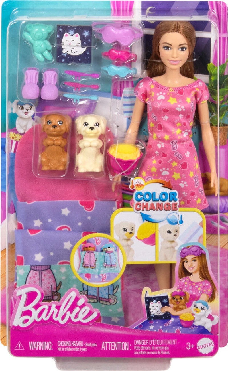 Barbie-Soirée Pyjama Chiots-Coffret poupée, 2chiots, 11accessoires