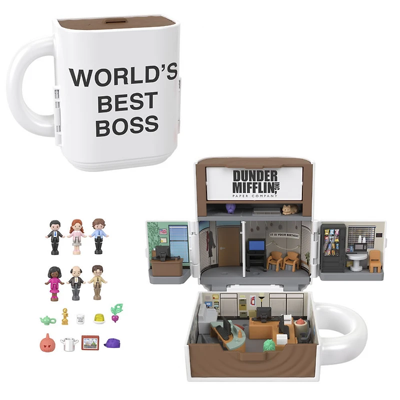 Polly Pocket x The Office Compact Playset 6 Character Dolls and 9 Accessories, Collectible Partnership Toy