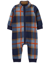 Carter's Plaid Zip Up Fleece Jumpsuit Navy  12M
