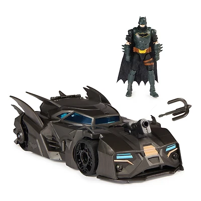 DC Comics, Coffret Crusader Batmobile avec figurine Batman exclusive de 10 cm, 3 figurines de super-méchants en papier