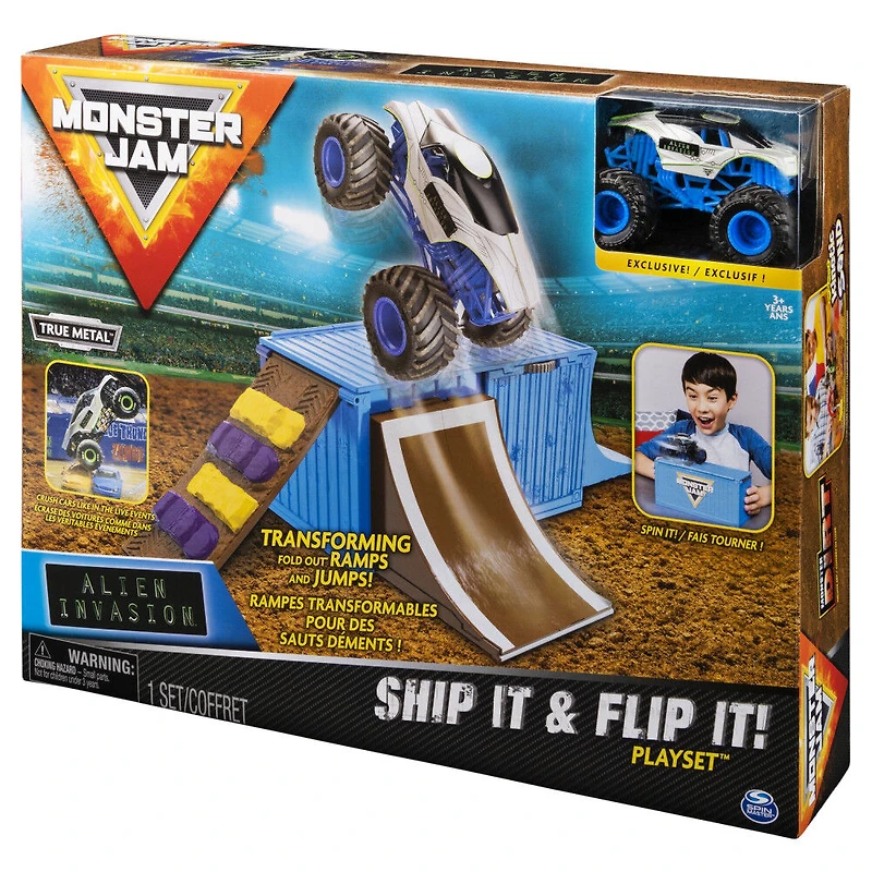 Monster Jam, Coffret transformable Ship It and Flip It Playset avec monster truck Monster Jam exclusif en métal moulé à l'échelle 1:64