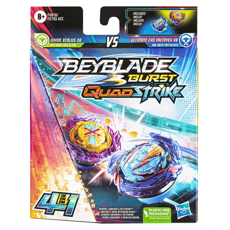 Beyblade Burst QuadStrike Ultimate Evo Valtryek V8 and Divine Xcalius X8 Spinning Top Dual Pack, Battling Game Top Toy