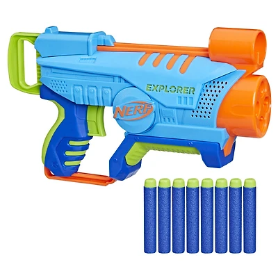 Nerf Elite Jr, blaster Explorer Easy-Play, facile à tenir, charger et tirer, 8 fléchettes Nerf Elite